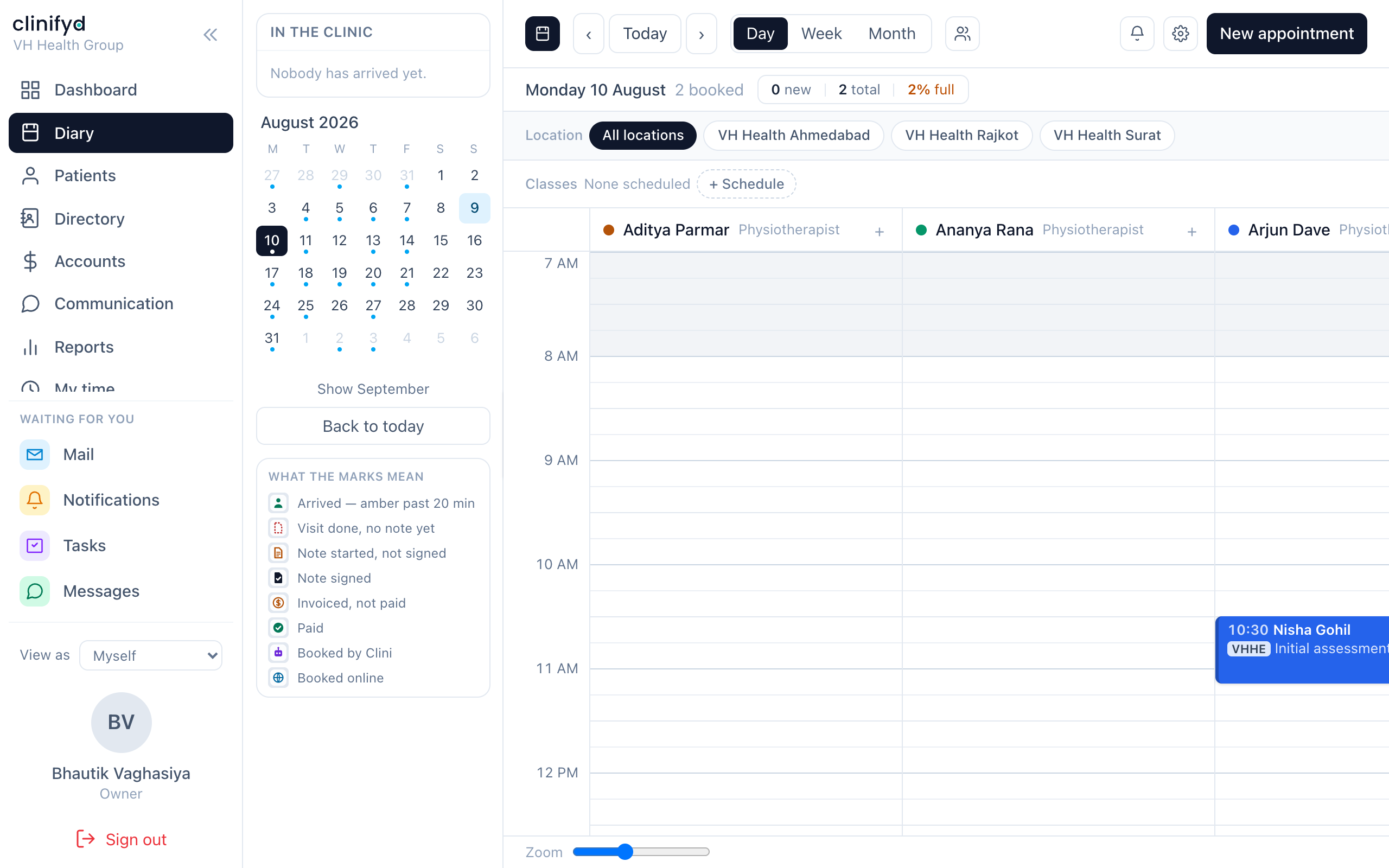 The diary — a column per practitioner, a chip per booking.