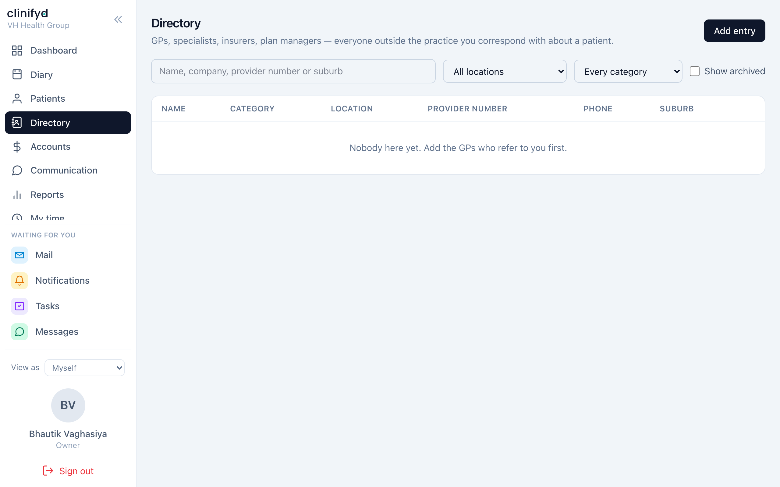 The Directory — every GP, specialist and insurer you correspond with.